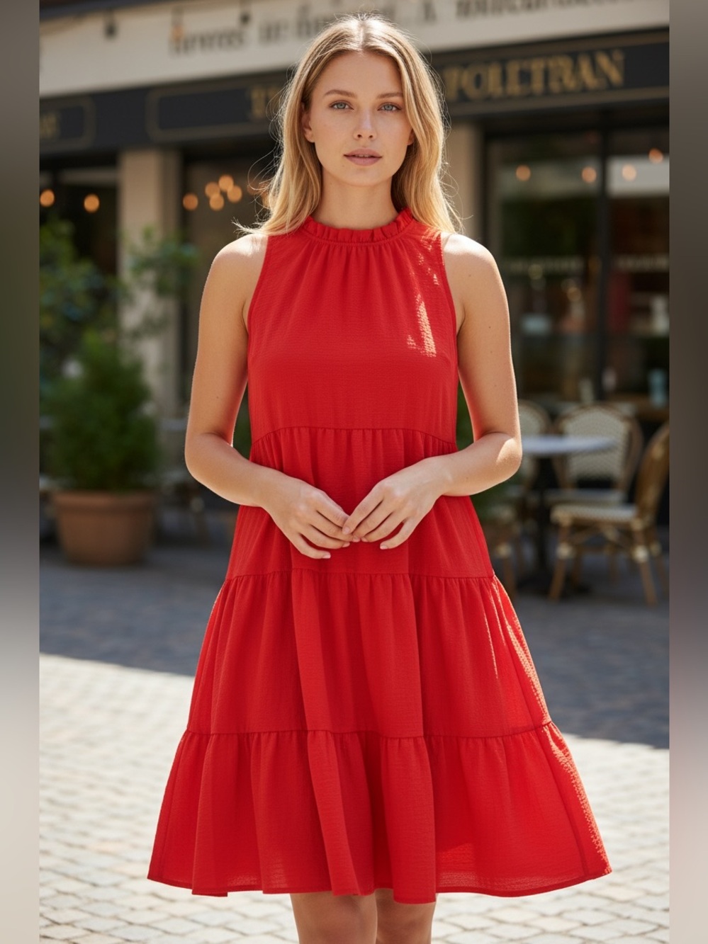 Red Tiered Maxi Dress with Ruffled Neckline